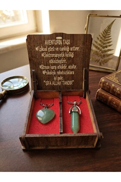 Meneva Aksesuar Aventurine Stone Natural Stone Double Necklace Set with Woode...