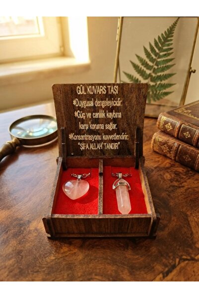 Meneva Aksesuar Rose Quartz Stone Natural Stone Double Necklace Set with Wood...