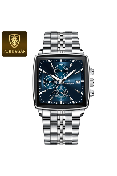 Choice1 Silver Blue Fashion Square Men Clock Luminous Waterproof Chronograph ...