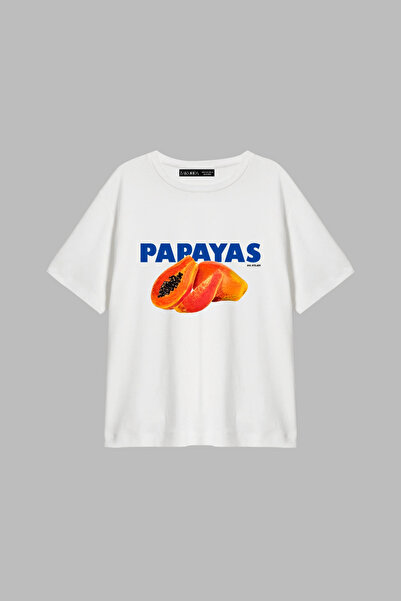 Bak Moda Papayas Printed White Relaxed Fit Women's T-Shirt