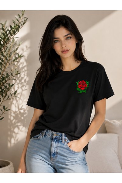 Me&On WEAR Basic Rose Printed T-Shirt 100% Cotton Crew Neck Short Sleeve Casual Unisex
