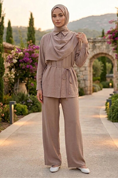 TOFİSA Double Suit with Scarf Detail on the Front Mink - 28506-Vizon