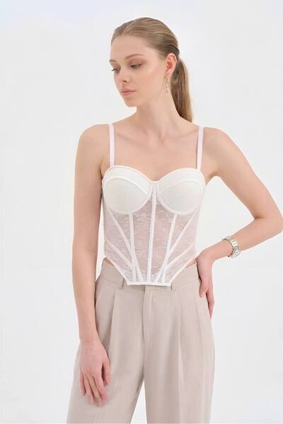 tw3 Women's Corset with Chest Pads and Underwire, Lace Fabric Detailed Design