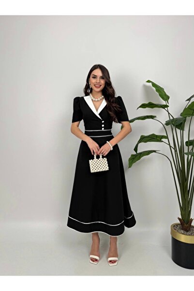 İZYA Natali Button Detailed Atlas Fabric Invitation Engagement Evening Dress