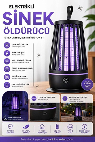 kawigo Şarjlı Elektrikli Sinek Öldürücü Lamba Type-C Şarjlı Kablosuz Sinek Öldürücü UV Mor Işık, Gece Lambası Özellikli