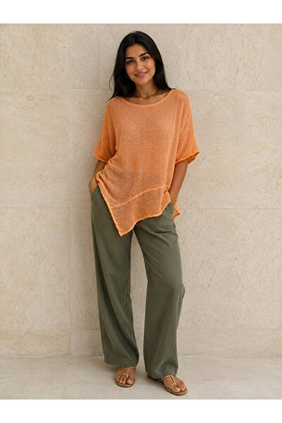 AGORATEKSTİL Women's Asymmetrical Cotton Fabric Mesh Blouse 42-50