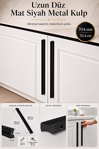 Badem10 Özen 704 mm 70.4 cm Düz Mat Siyah Mobilya Kulp Uzun Çekmece Dolap Kap...
