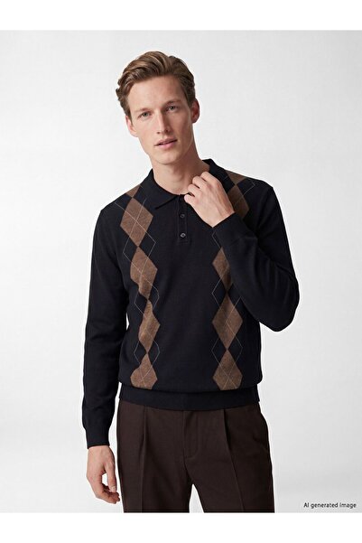 LC Waikiki Southblue Navy Blue Polo Collar Diamond Patterned Men's Knit Sweater