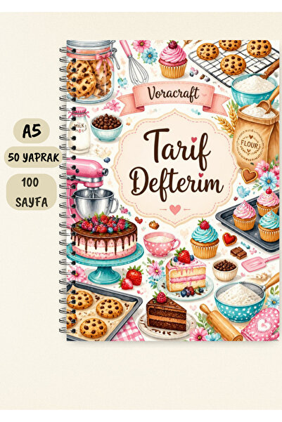 VORACRAFT Yemek Tarif Defteri, 50 Yaprak /100 Sayfa, A5 / Tel Spiral TRF0032