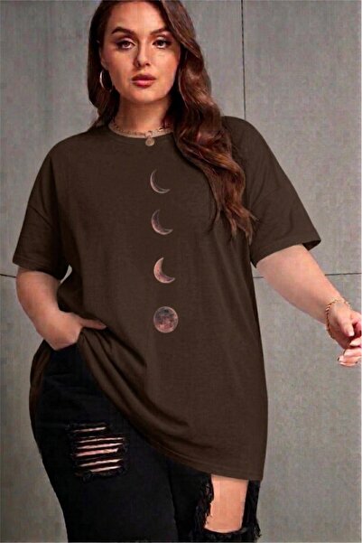 Oksit Moon Women's Large Size Oversized Printed Crew Neck Cotton T-Shirt Rela...