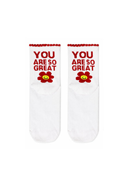 CARNAVAL SOCKS You Are so Great Written Flower Patterned White Half-Toe Short...