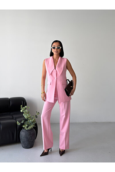 Bukamiss Set de pantaloni și vestă premium cu guler larg pentru femei - Roz