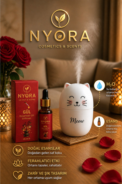 NYORA Gül Esansiyel Yağ 20 ml ve Kedi Difüzör Hava Nemlendirici Aromaterapi Seti