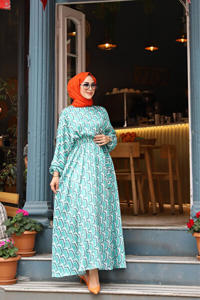 suffemoda Patterned Satin Women's Hijab Dress with Elastic Waistband and Belt...