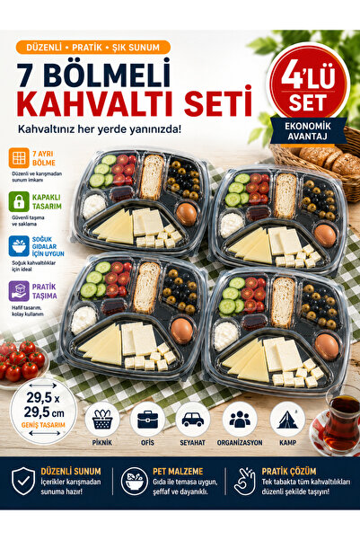 Open Home Concept 4'lü Set Tabldot 7 Bölmeli Kapaklı Kahvaltı Seti PET Piknik...
