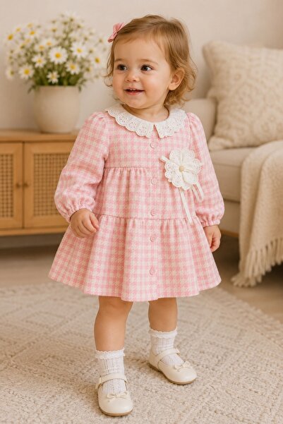 Pure Boutique Rochita fetita roz in carouri cu guler brodat si floare decorat...