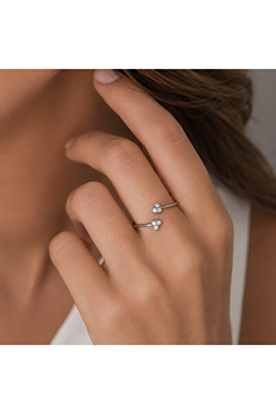 nerora Elegant Double Heart Ring with Stones Silver Adjustable