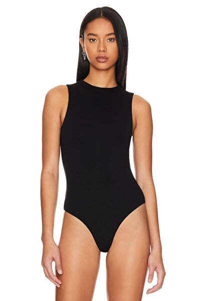 Kadın Siyah Sıfır Kol Çift Kat İpek Jarse Bodysuit