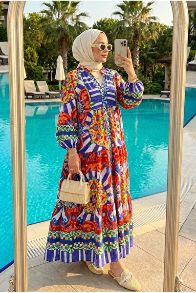 Kirazca Butik Women's Ottoman-Inspired Patterned Hijab Dress (Unlined)
