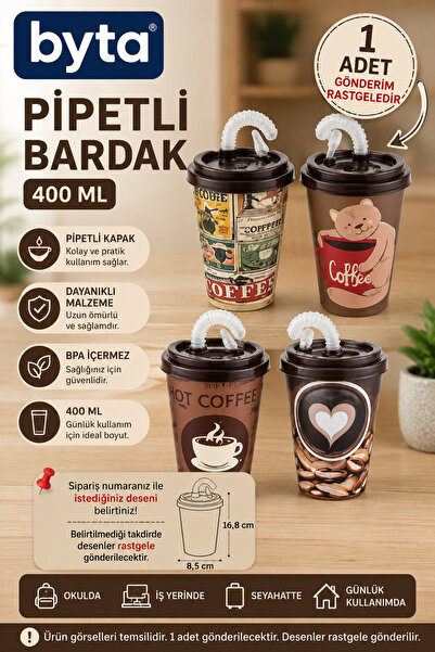 BYTA 400 ml Pipetli Kahve Bardak Tasarımlı Suluk – BPA İçermez, 1 Adet (Desen...