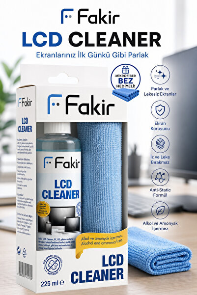 Fakir LCD Ekran Temizleyici Set 225 ml – Mikrofiber Bezli, Alkol ve Amonyak İ...