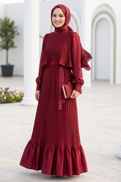 Neva Style Σατέν Κρεπ Μπορντό Πλισέ Φόρεμα Τεσεττούρ 95704BR