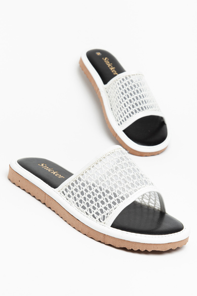 SNİCKER White Mesh Knitted Detailed Casual Flat Slippers Women's Shoes