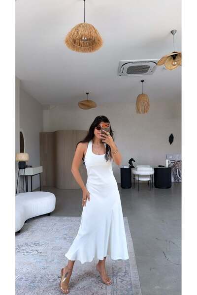 Buket Teke White Asymmetrical Cotton Halter Dress