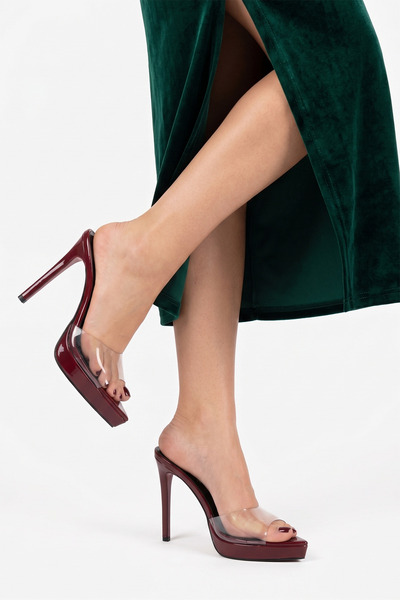 TrendyAnka Kadın Bordo Şeffaf 10Cm İnce Platform Topuklu Sivri Burunlu İnce T...