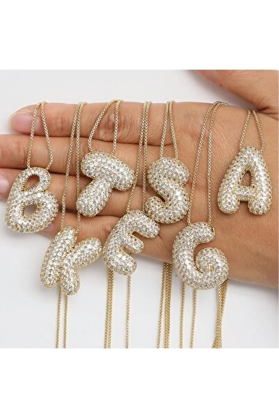 Haziran Accessory, Zircon Stone, Italian Chain Balloon Letter Gold Steel Neck...