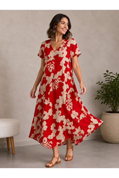 Sibel Günay Butik Red Picasso Patterned 120 cm Cotton Viscose V-Neck Cut Dres...