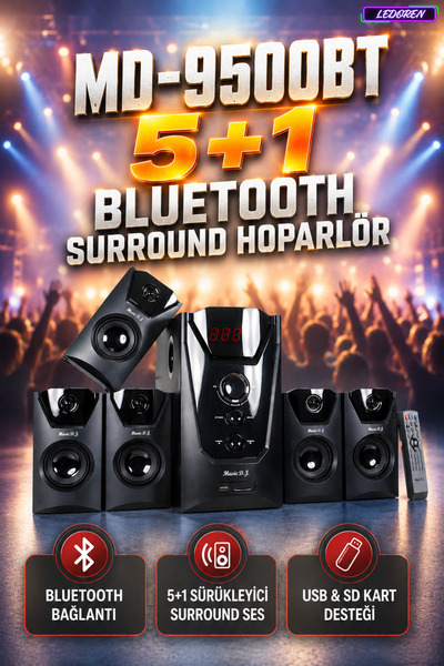 L'eDoren MD-9500BT 5+1 Bluetooth Surround Ses Sistemi Dijital Ekranlı Ev Sinema