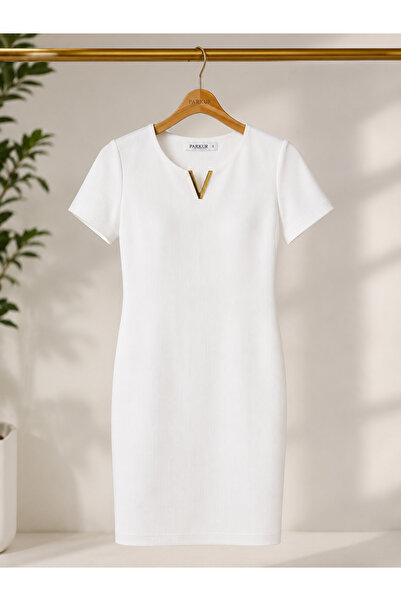 Parkur Ribbed Pencil Dress with V-Accessories – White