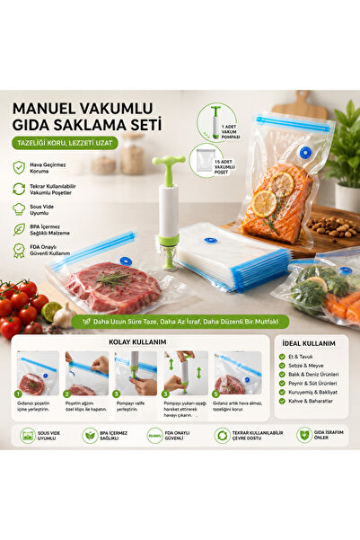 PraticalLilfe 15-Piece Manual Vacuum Food Storage Bag and Pump Set