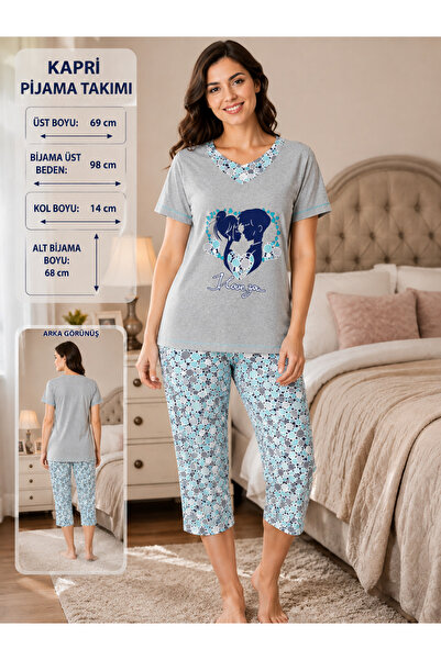 GÜZEL KAMAN Pyjama Set Bermuda Short Sleeve Gray Green Patterned 1 Piece Qual...
