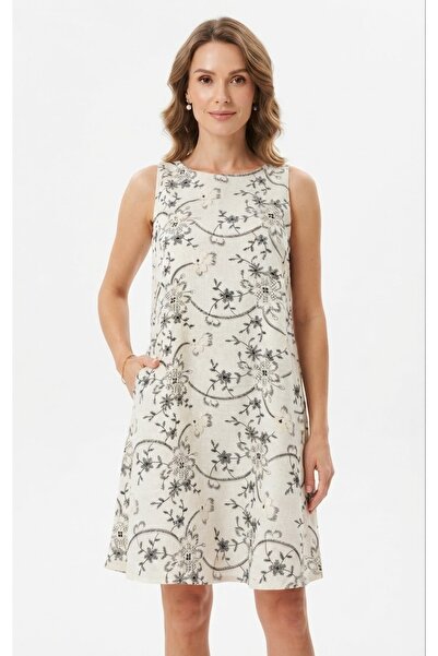 Bebeplus Women's Linen Floral Embroidery Sleeveless Lined Midi Dress Casual a...