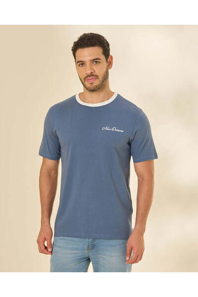 REDTAG Men Navy Textured Ringer T-Shirt