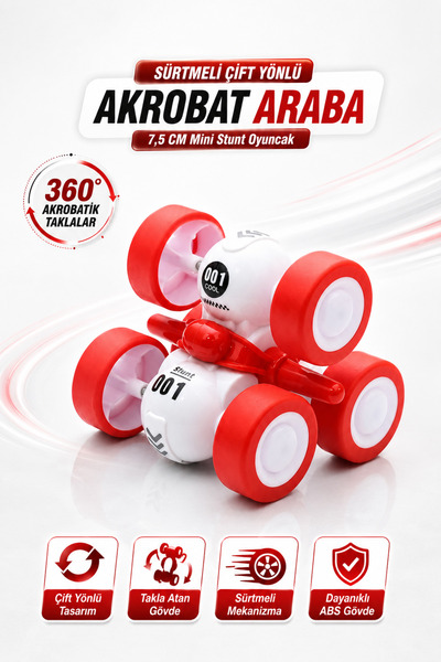 YILDIRIM OYUNCAK Sürtmeli Çift Yönlü Akrobat Araba 7,5 Cm – 360° Takla Atan M...