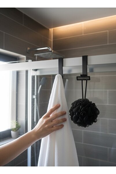 usin Tekli Siyah Banyo Duşakabin Camına Takılan Askılık Duşakabin Havlu Lif Bornoz Askısı