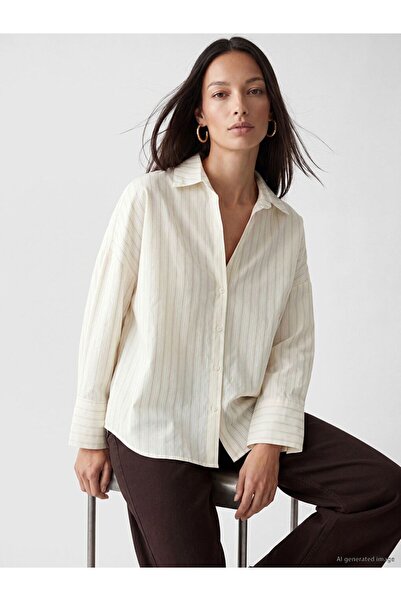 LC Waikiki Lcw Everyday Ecru Striped Oversize Women's Shirt