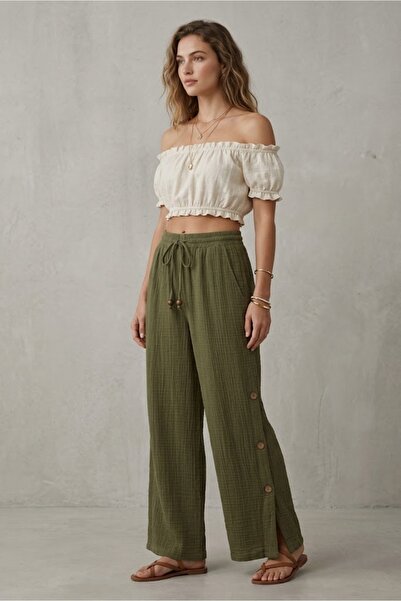 clavia Muslin Palazzo Cut Comfortable Fit Summer Women's Trousers, High Waist...