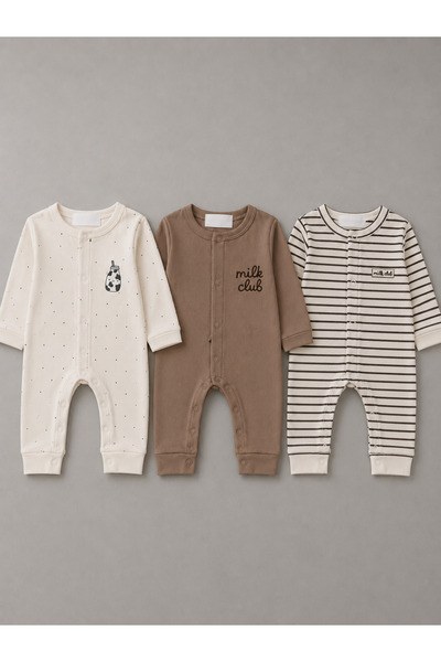 My Babies Label 3-Piece Minimal Patterned Unisex Baby Romper Set – 100% Cotton