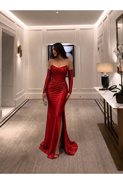 mafdress Kadın Straplez Yaka Kırmızı Saten Ön Taş İşleme Ve Drape Detay Çıkab...