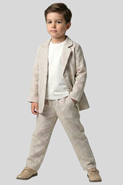 ww waka waka kids store Boy's Beige Striped Linen Look Blazer Jacket and Trou...