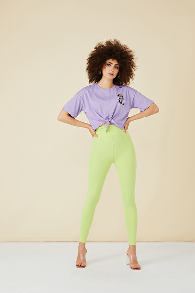 FIRST STYLE Turkish Lekanze Elegant Neon Apple Color High Waist Pants