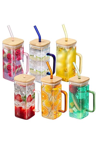 miraza Set 6 Pahare cu Capac si Pai, Sticla Borosilicat Termorezistenta,Ideal...