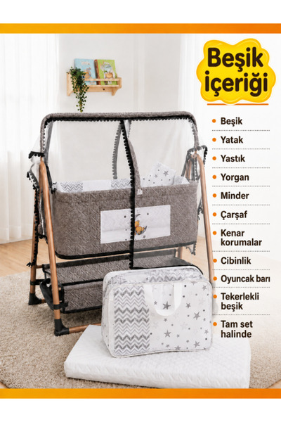 modabebekler Anne Yanı Sallanır Sabitlenir Uyku Setli Cibinlikli Tekerlekli D...