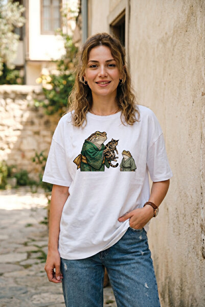 BAGAND Unisex Samurai Frog and Cat Printed T-Shirt Oversize White T-Shirt