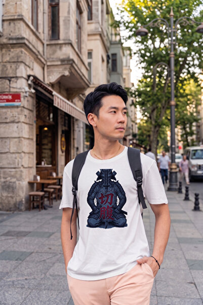 BAGAND Unisex Oversize Samurai Printed White T-Shirt Japanese Themed Katana C...