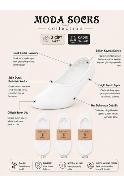 modasocks Topuktan Kaymaz Bambu Kadın Babet Çorap 3 Çift Beyaz